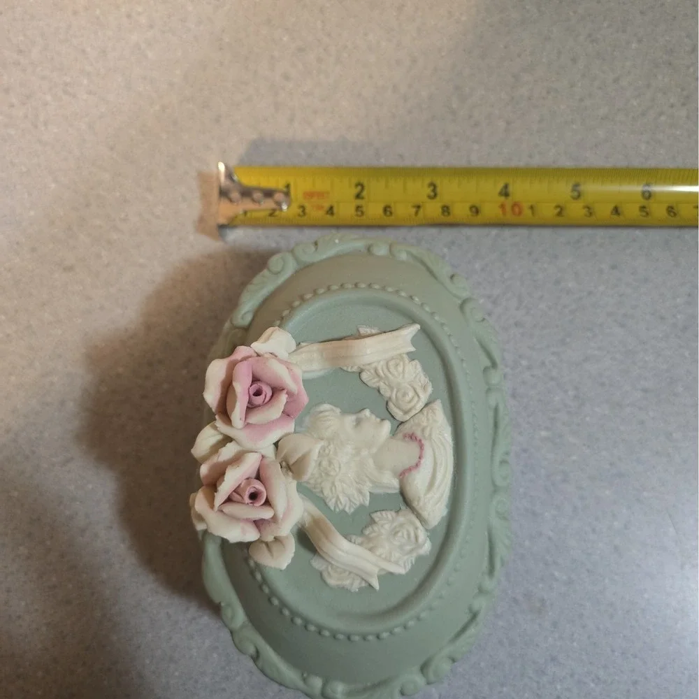 Vintage Victorian Cameo Trinket Box, Sage Green And Ivory Matte, Vanity Decor